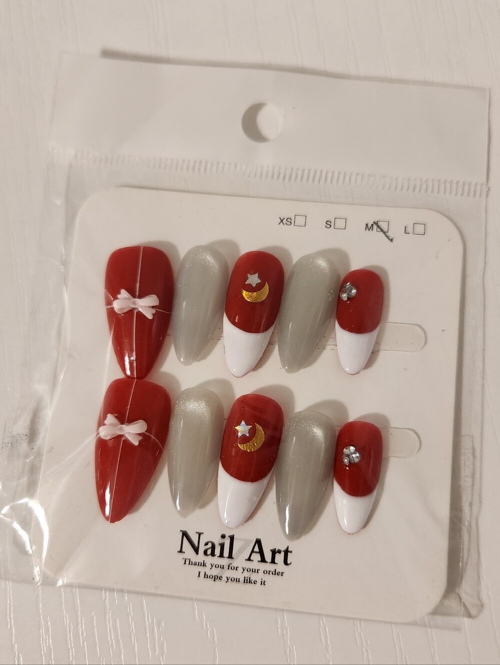 Press-On Nails - Red, White & Silver Witj Pink Bows, Rhinestones, Moon And Stars